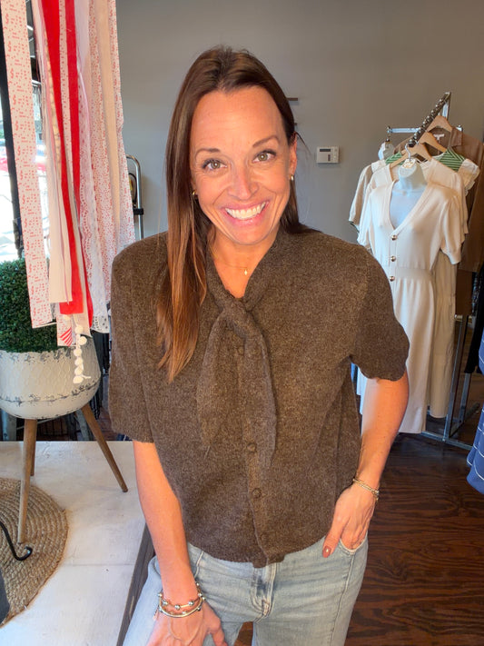 Tie neck button down top