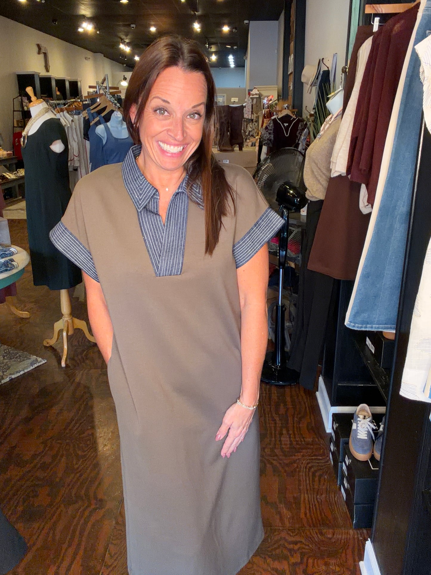 Olive denim stitch contrast midi