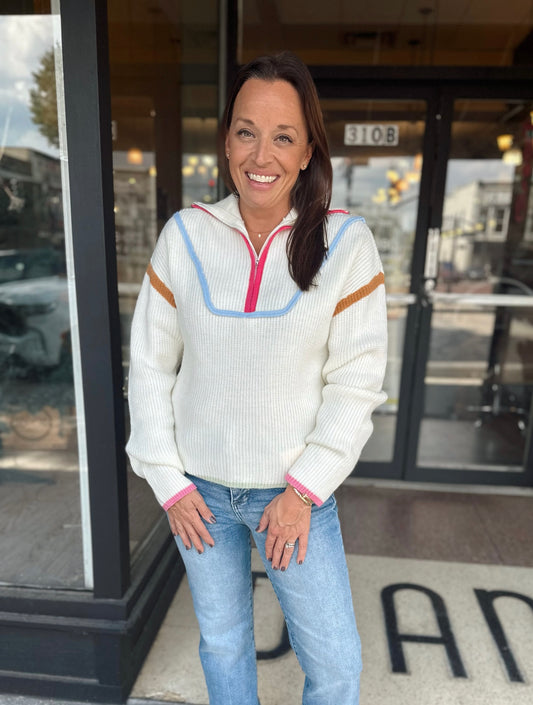 Ivory multi color zip up sweater