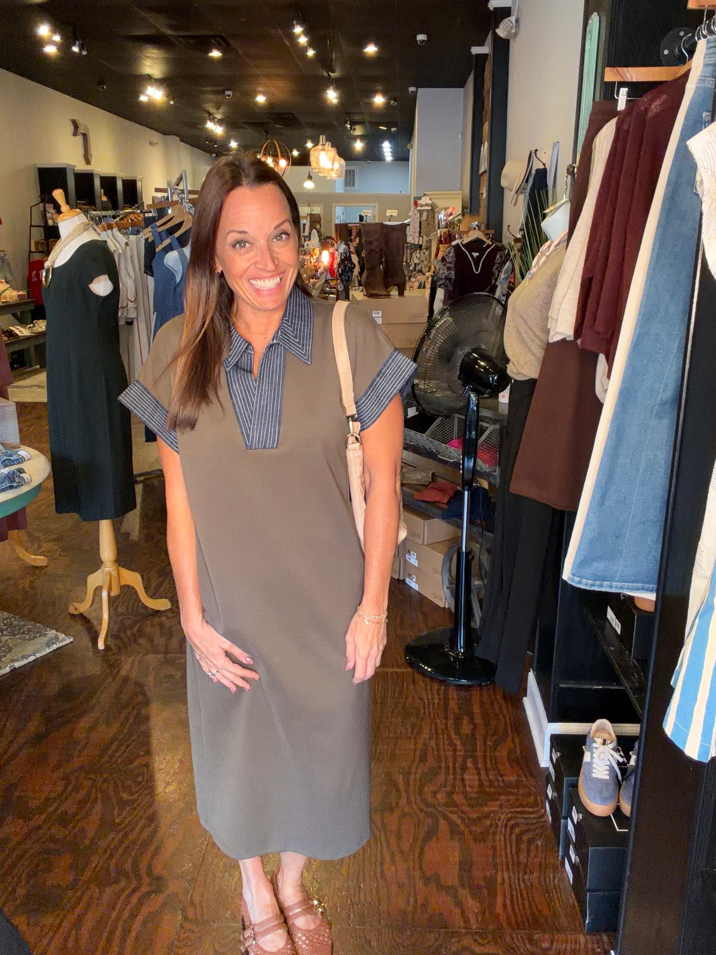Olive denim stitch contrast midi