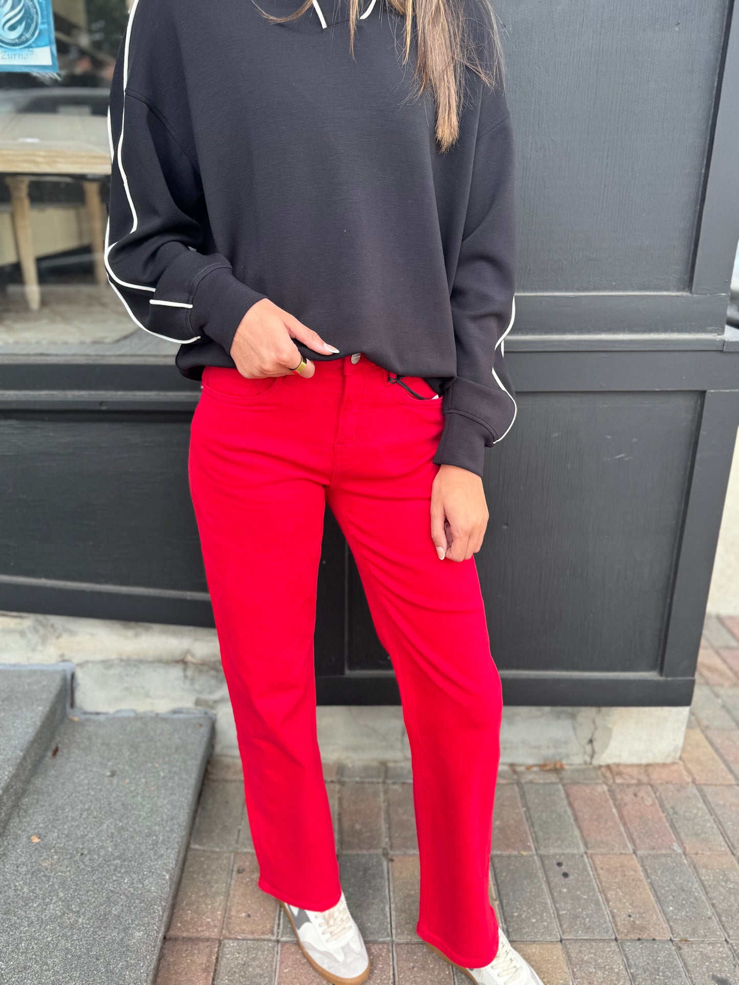 Red straight leg denim