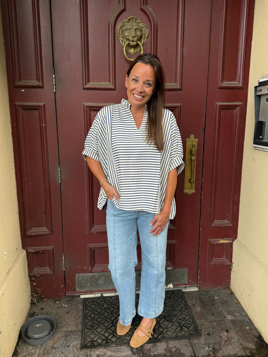 Striped ruffle neck blouse