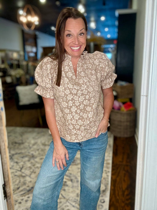 Taupe floral jaquard blouse