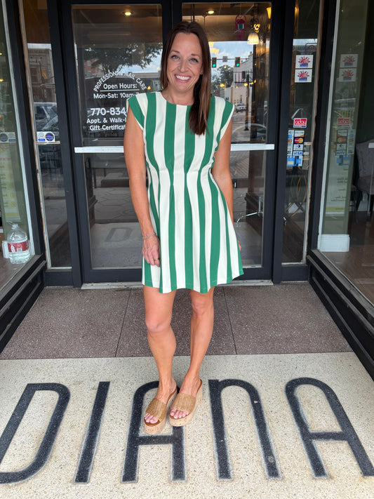 Green stripe pleated waist dress