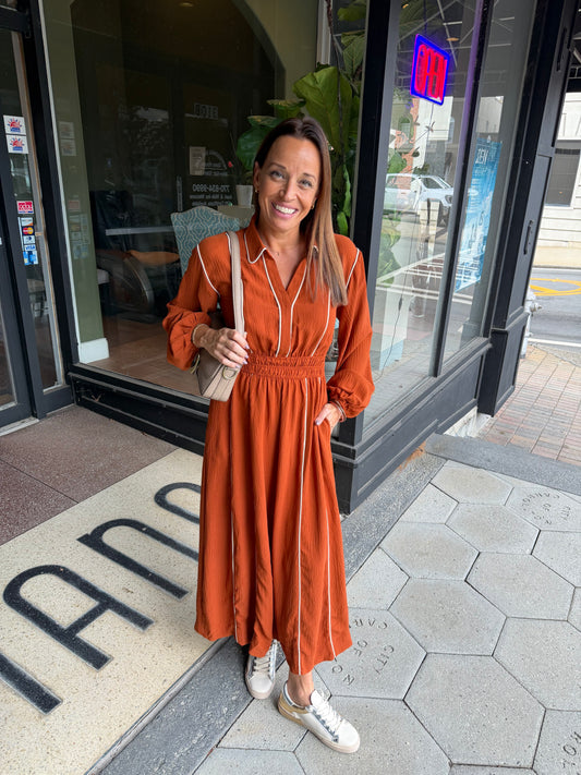 Terracotta piped midi dress