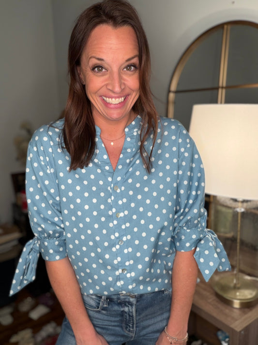 Tie sleeve polka dot top
