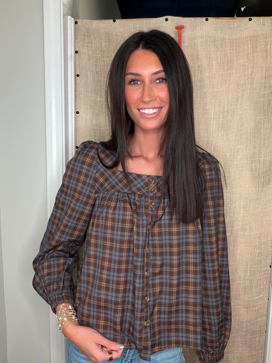 Plaid square neck blouse