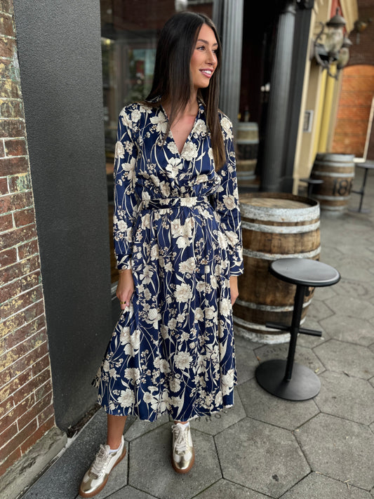Navy print buckle midi