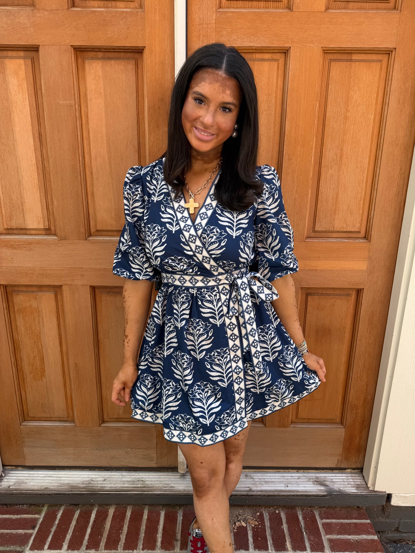 Navy print tie dress