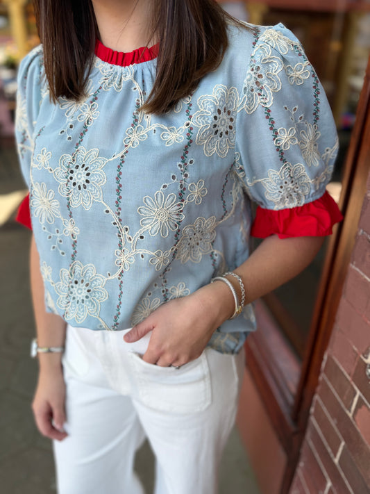 Red eyelet and blue top