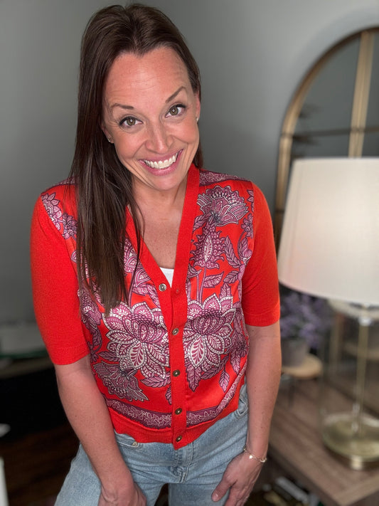 Red silk front cardigan