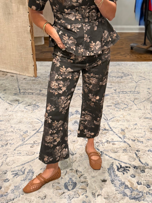 Black denim floral pants