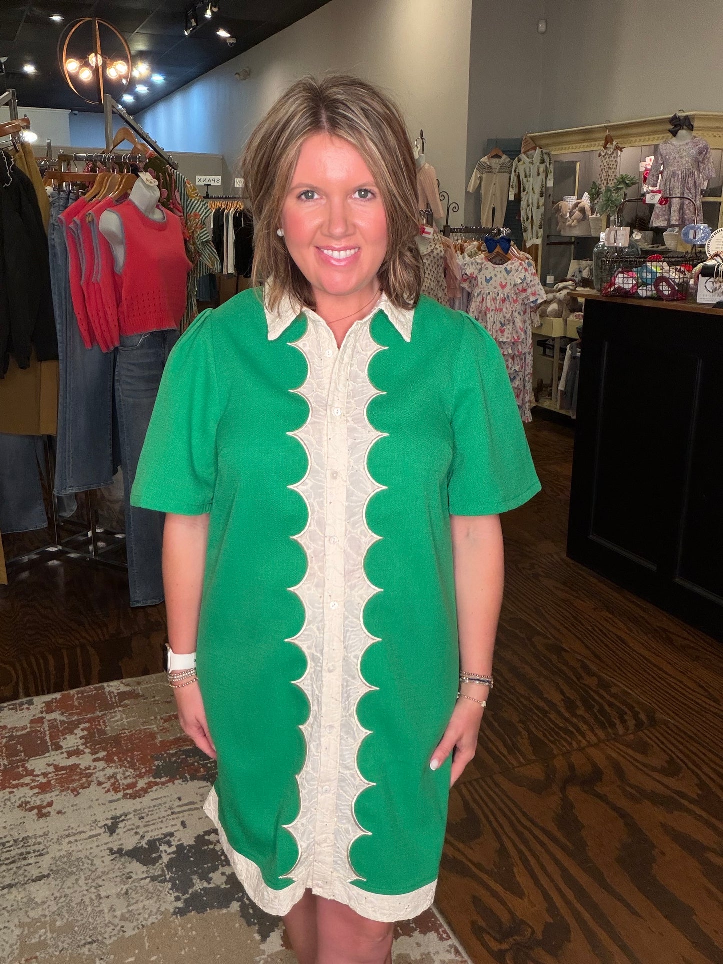 Green scallop shirt dress