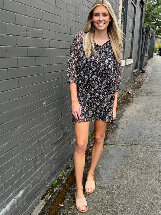 Black floral drop shoulder dress
