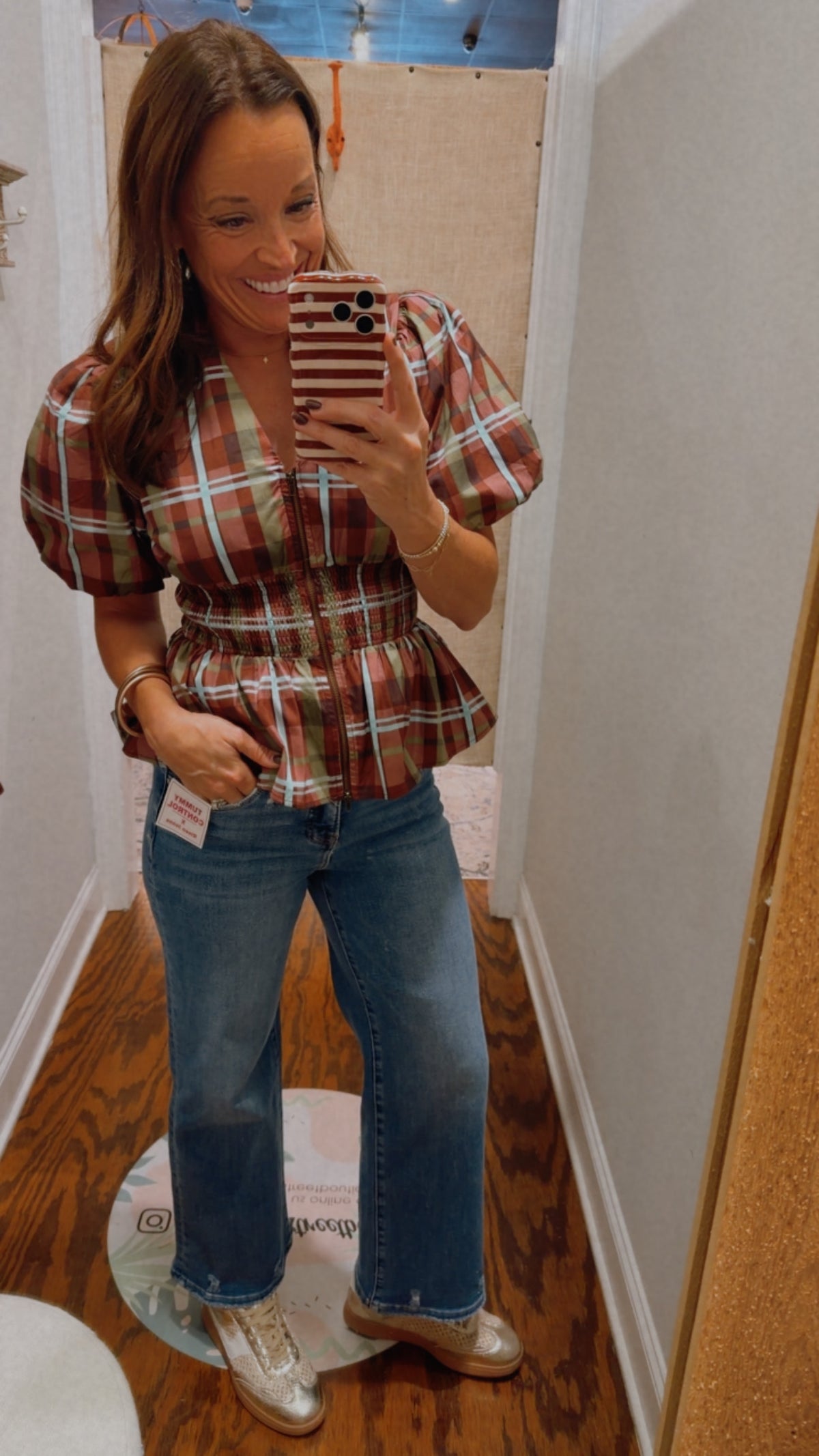 Burgundy plaid zipper peplum top
