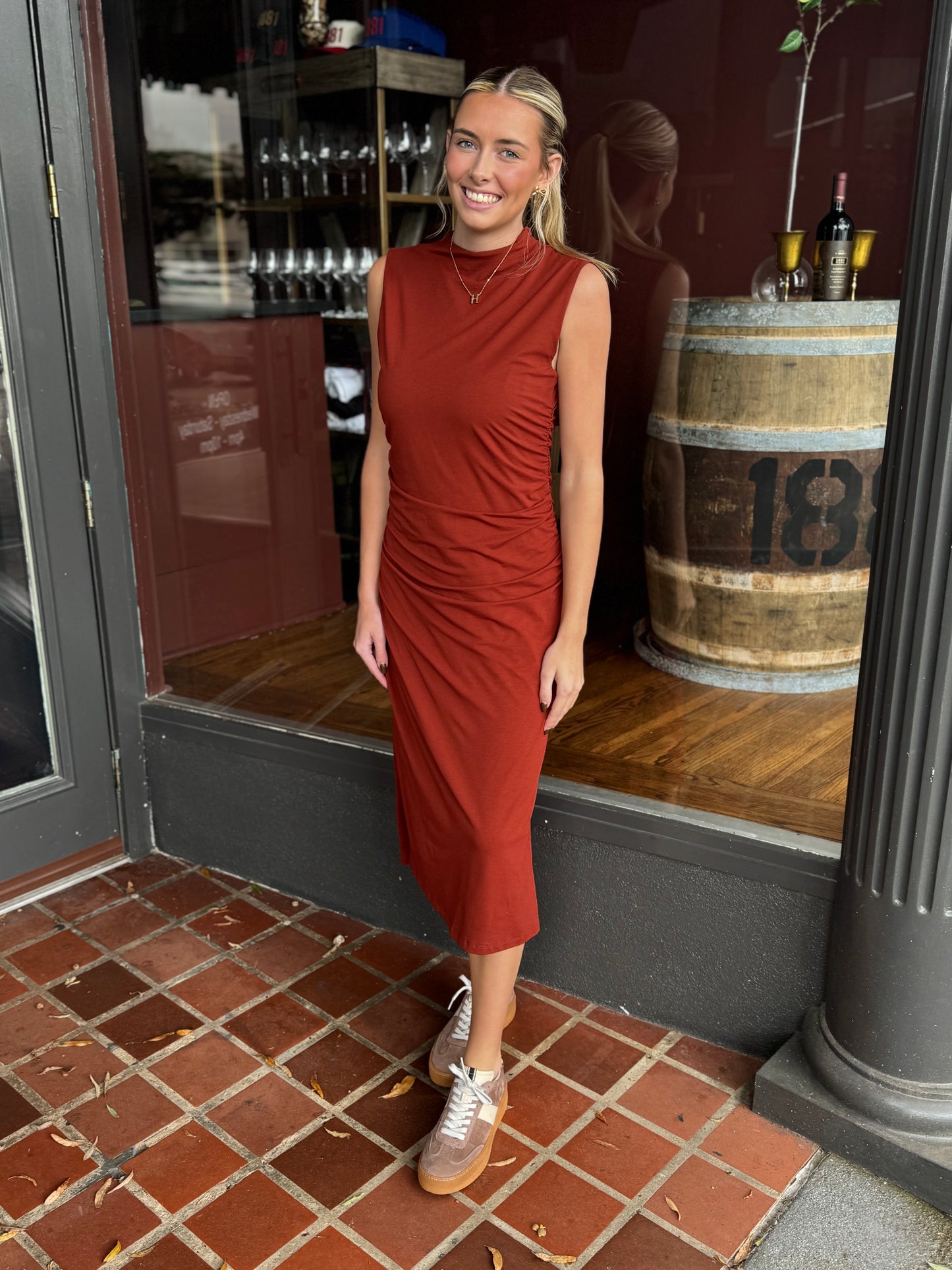 Rust cinched midi dress