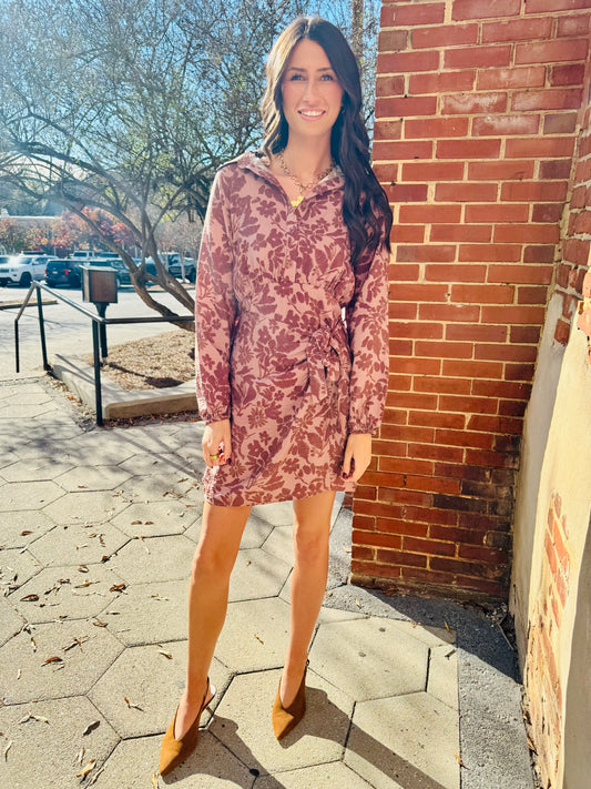 Brown floral tie waist dress
