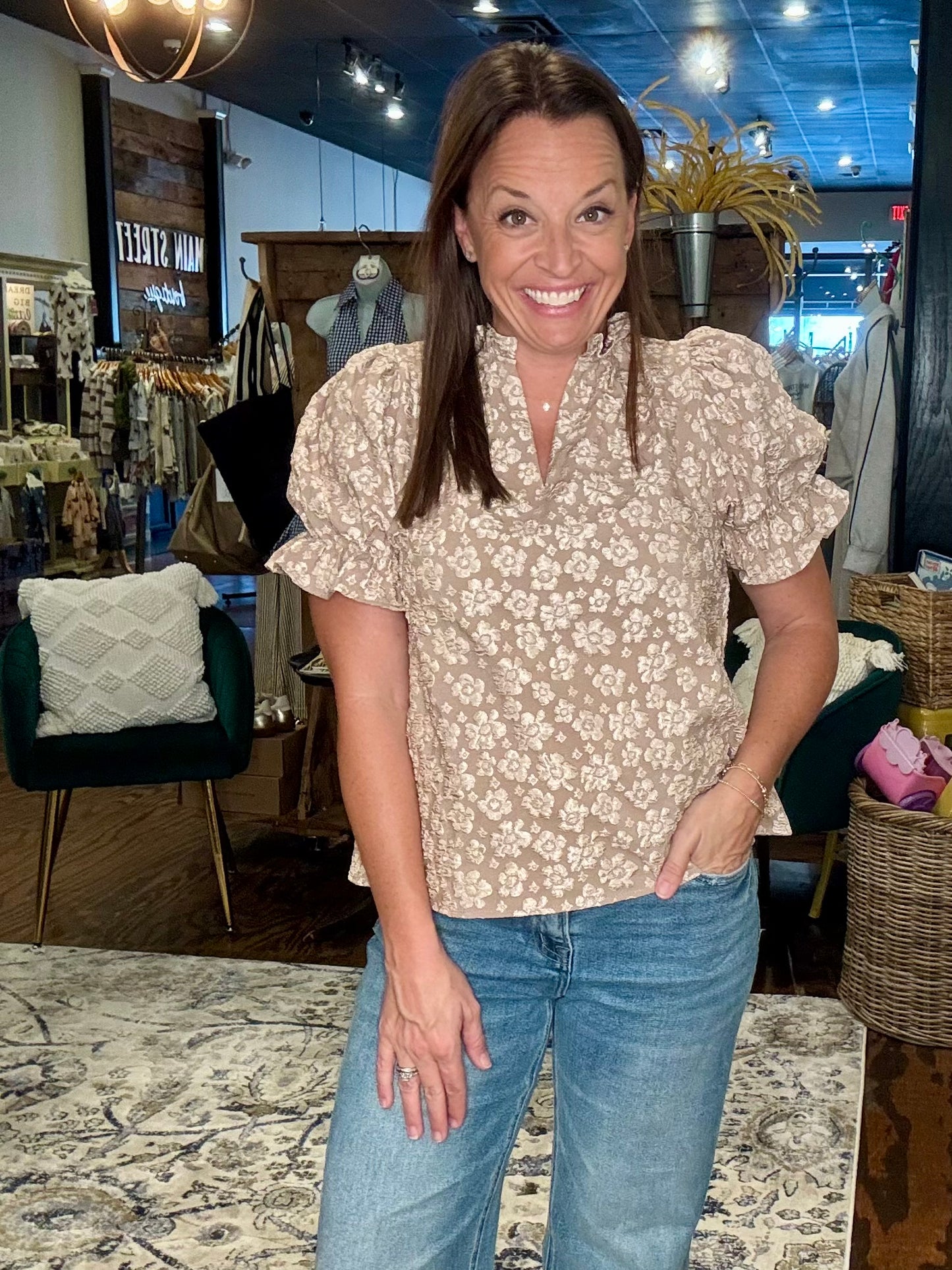 Taupe floral jaquard blouse