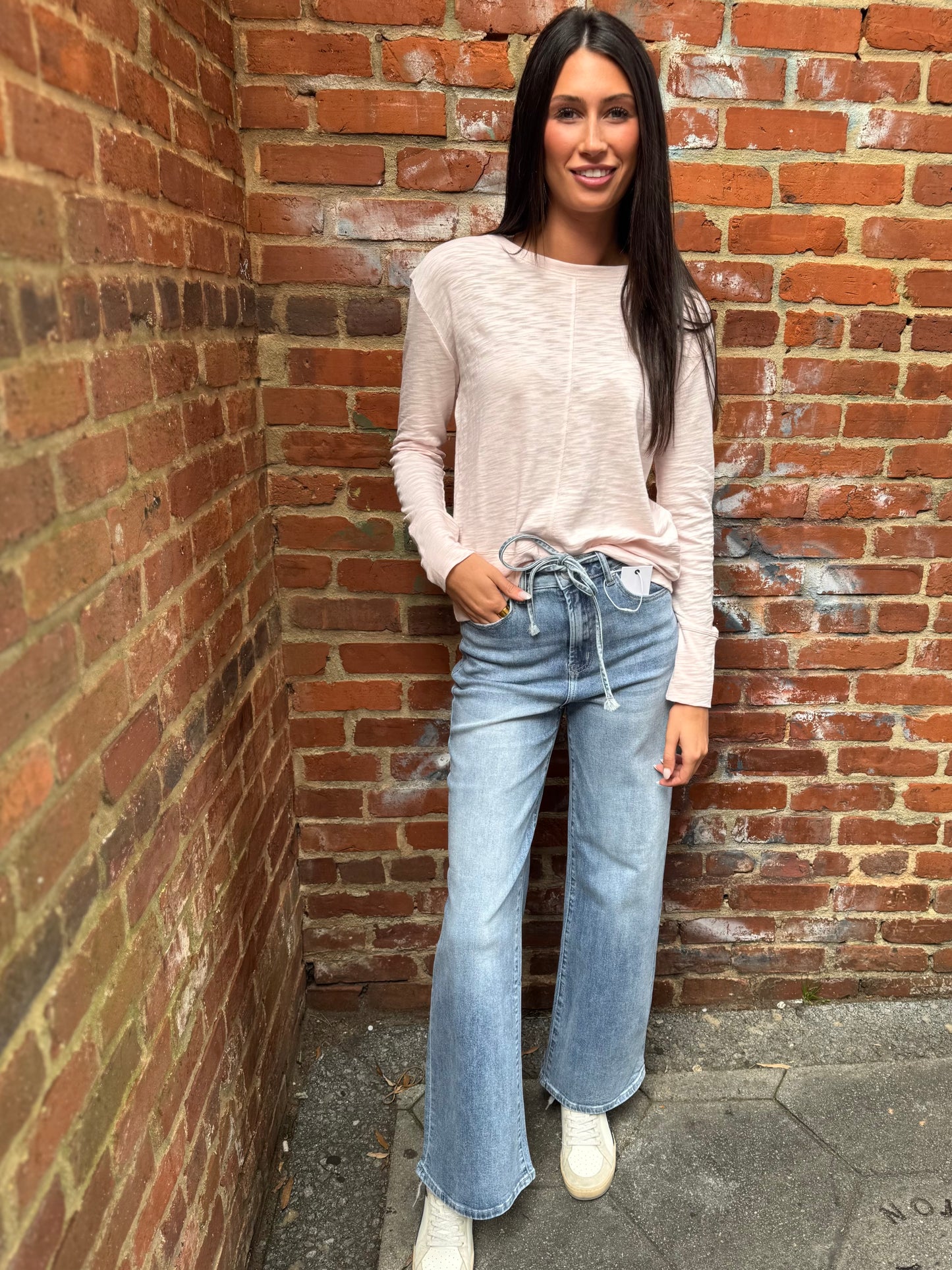 Tie waist wide leg jeans
