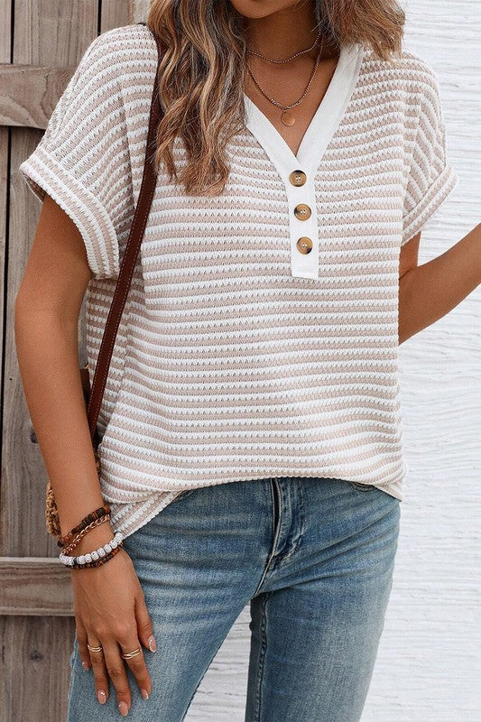 Khaki striped v-neck