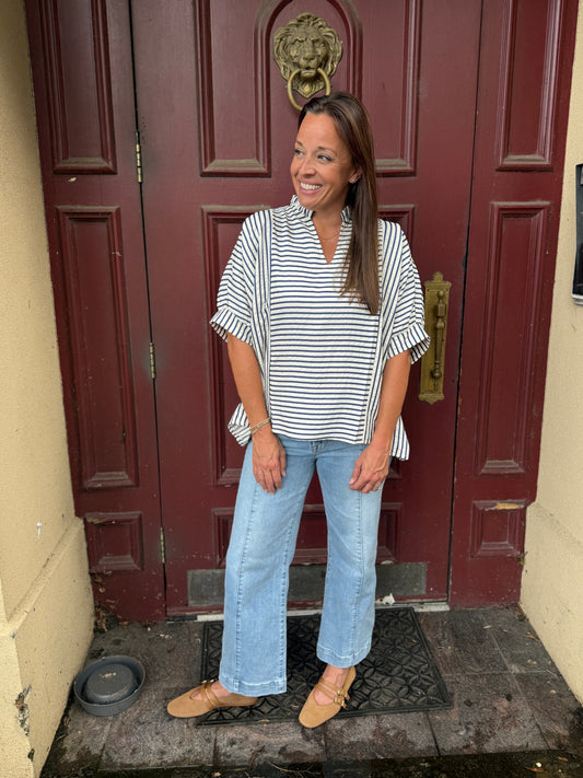 Striped ruffle neck blouse