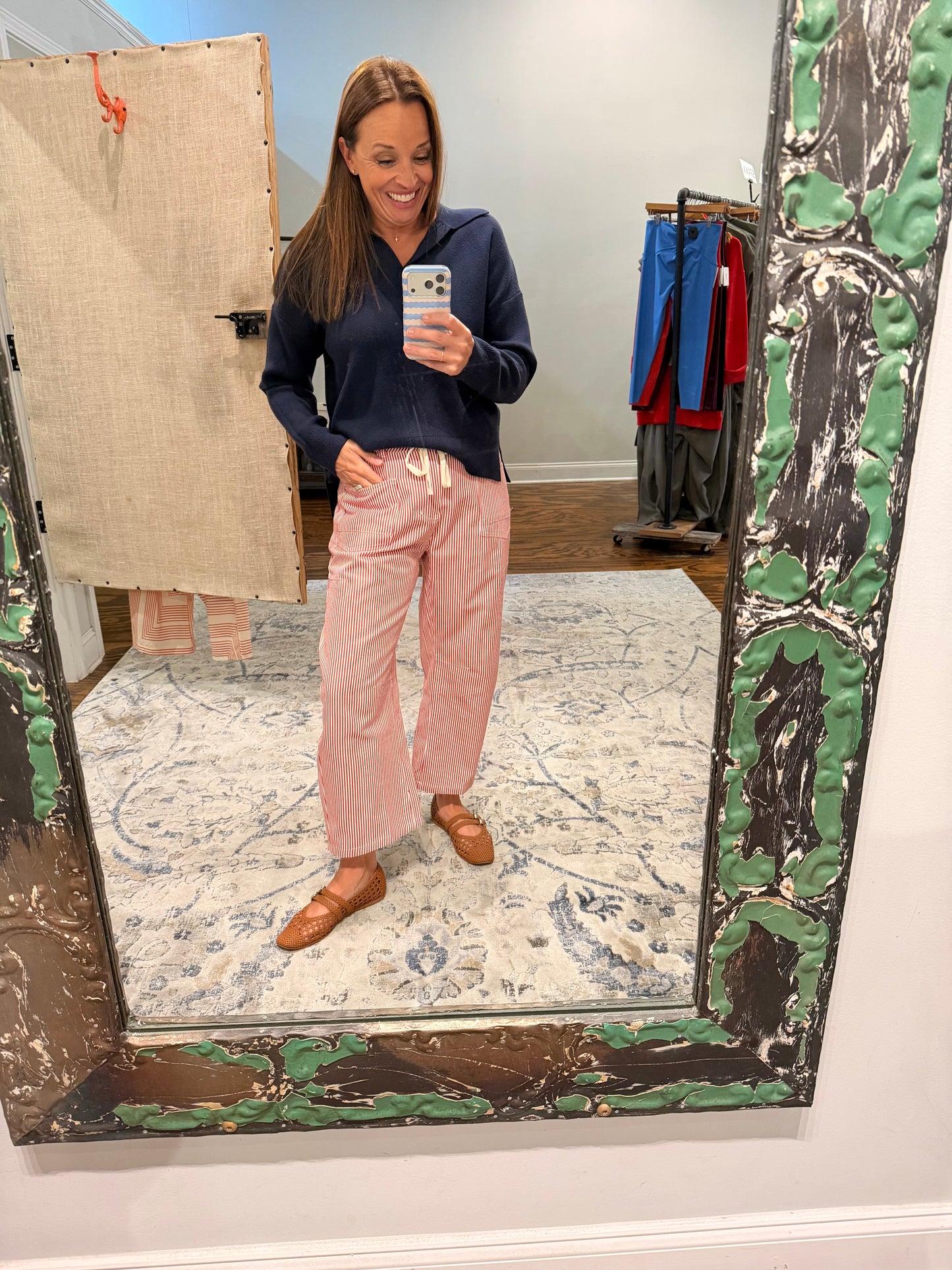 Red striped barrel pants