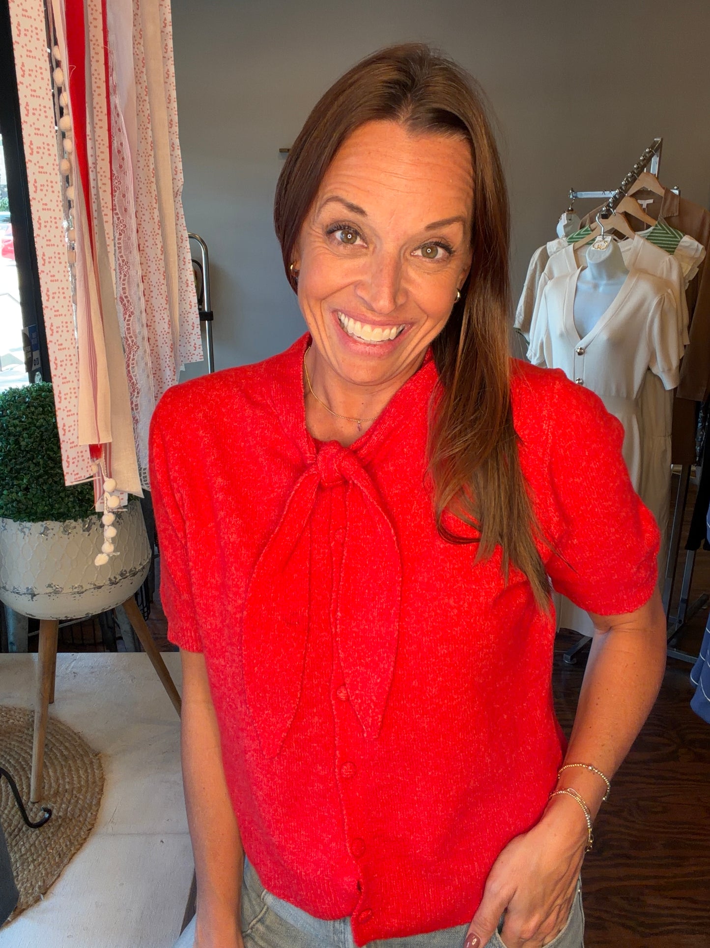 Tie neck button down top