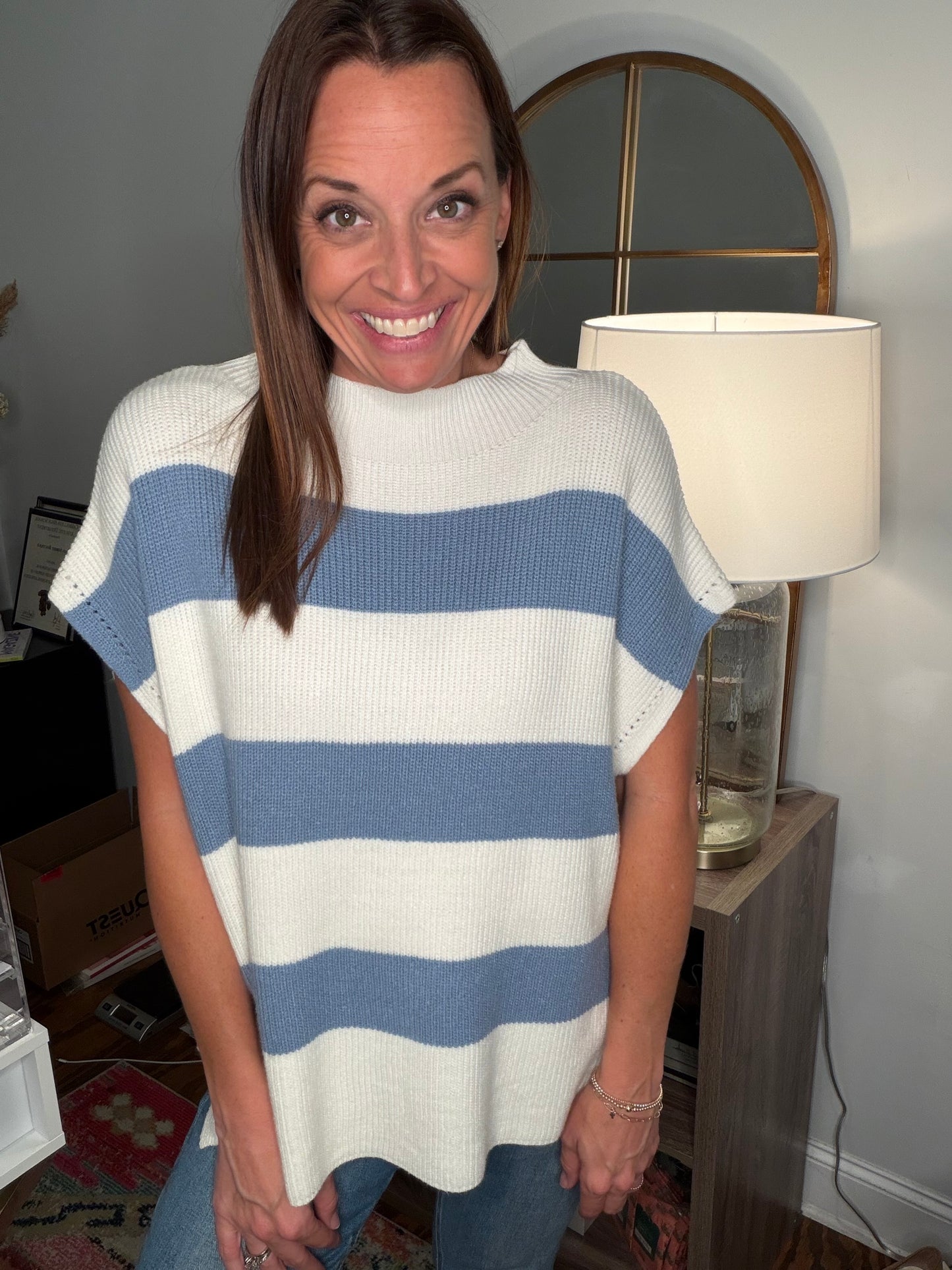Denim/white sleeveless sweater