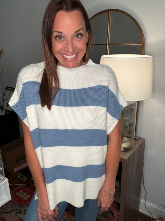 Denim/white sleeveless sweater