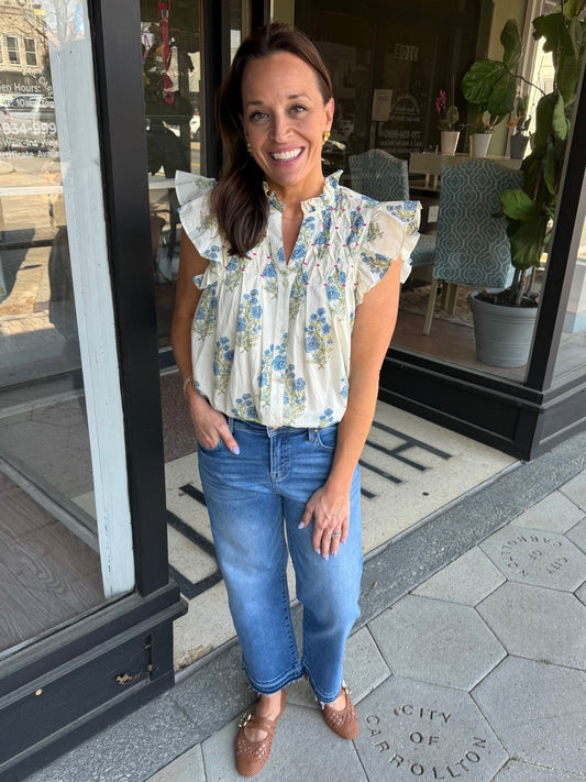 Cream floral flutter top