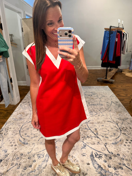 Red white panel shift dress