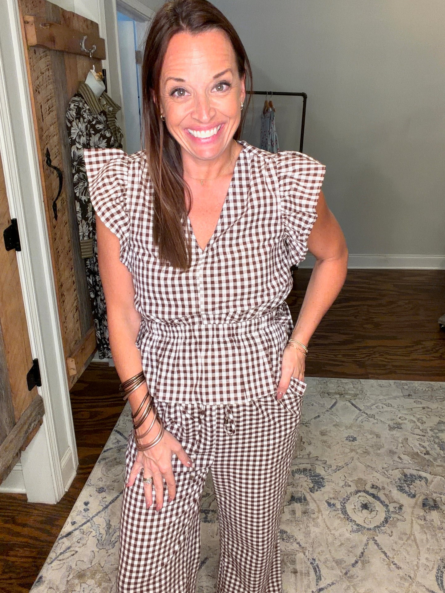 Brown gingham peplum top