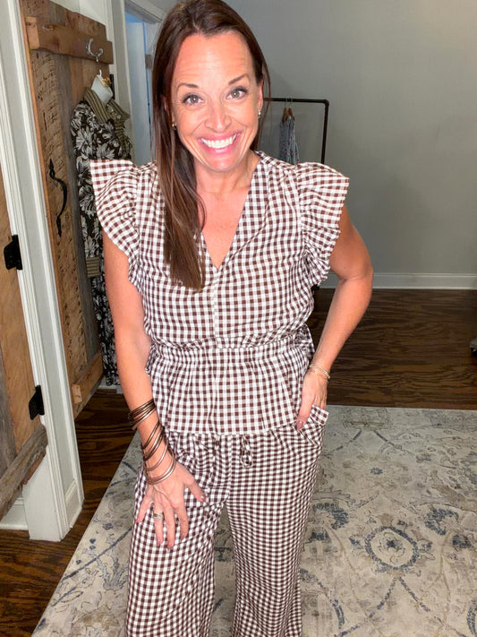 Brown gingham peplum top