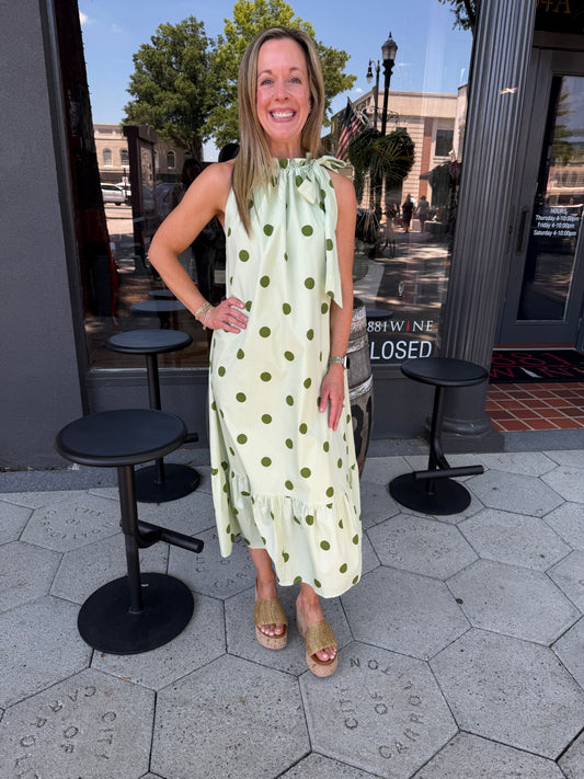 Green polka dot midi dress
