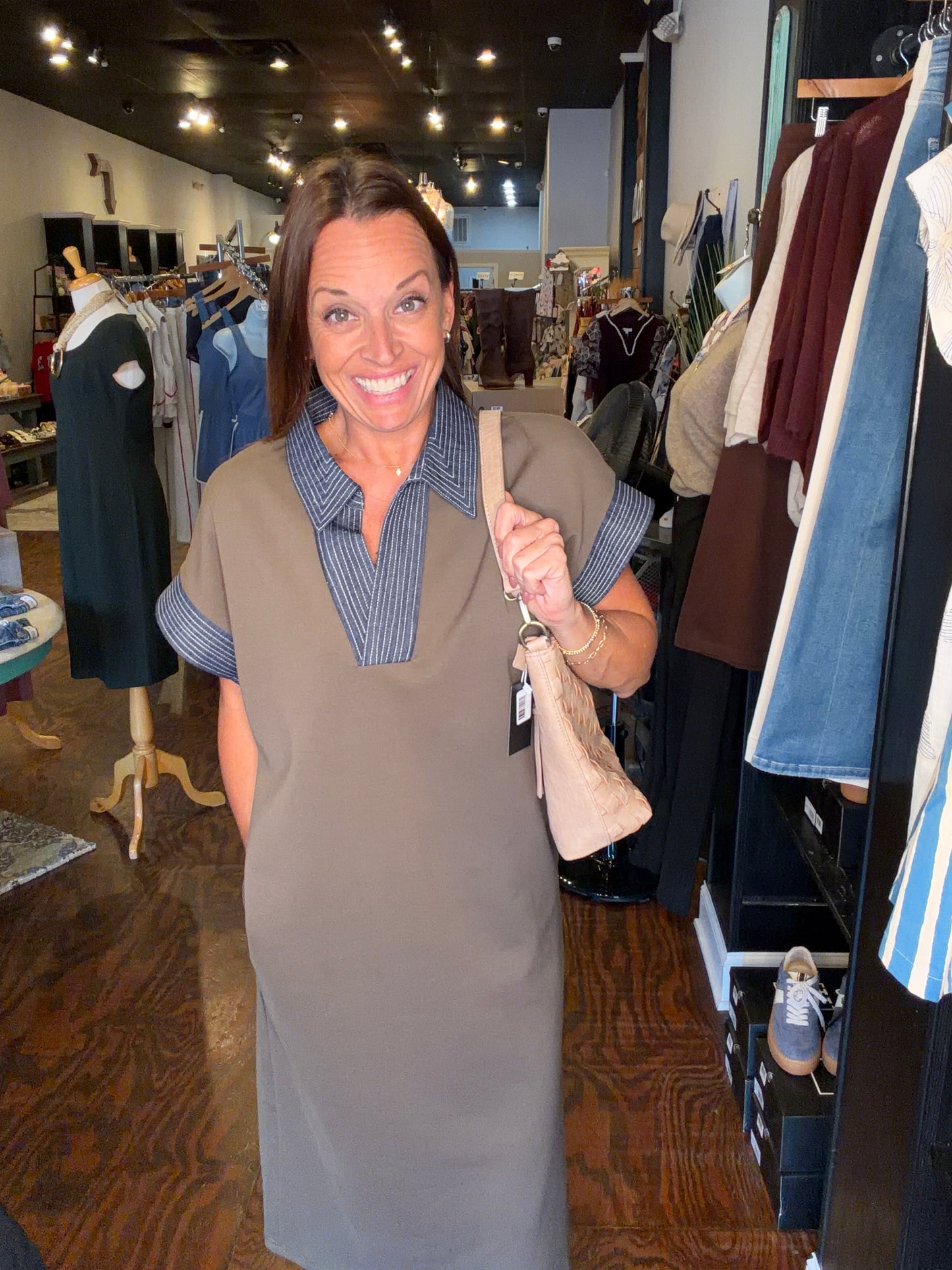 Olive denim stitch contrast midi