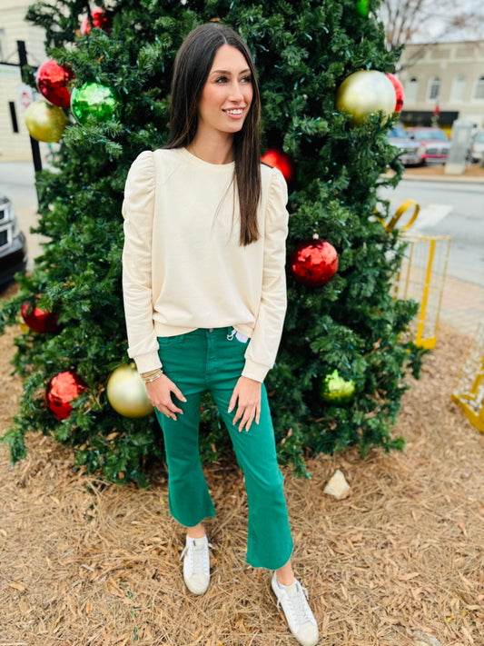 Green cropped flare jeans