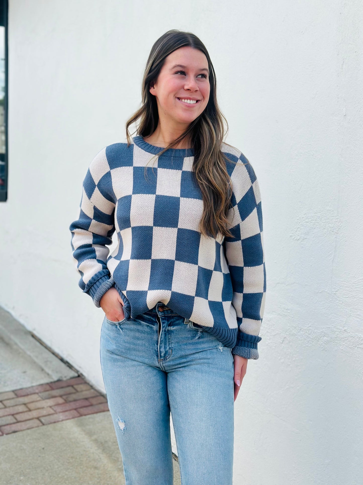 Dusty blue checkered sweater