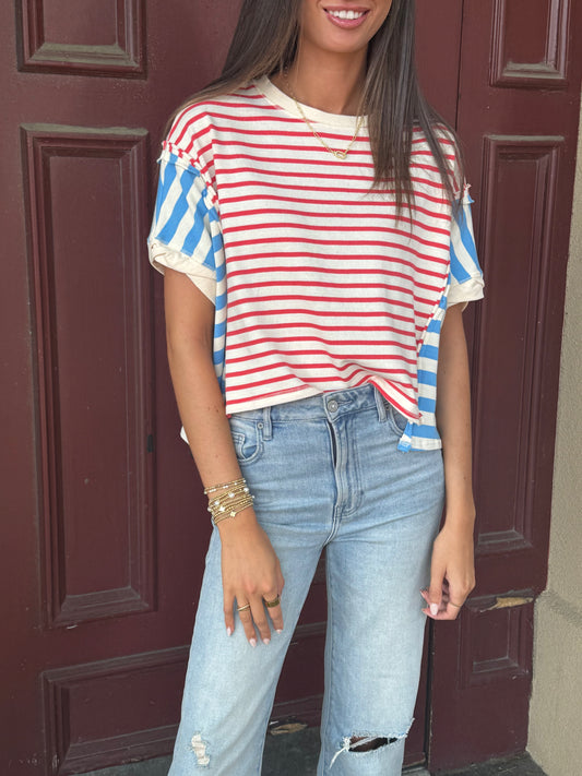 Mixed stripe color block top