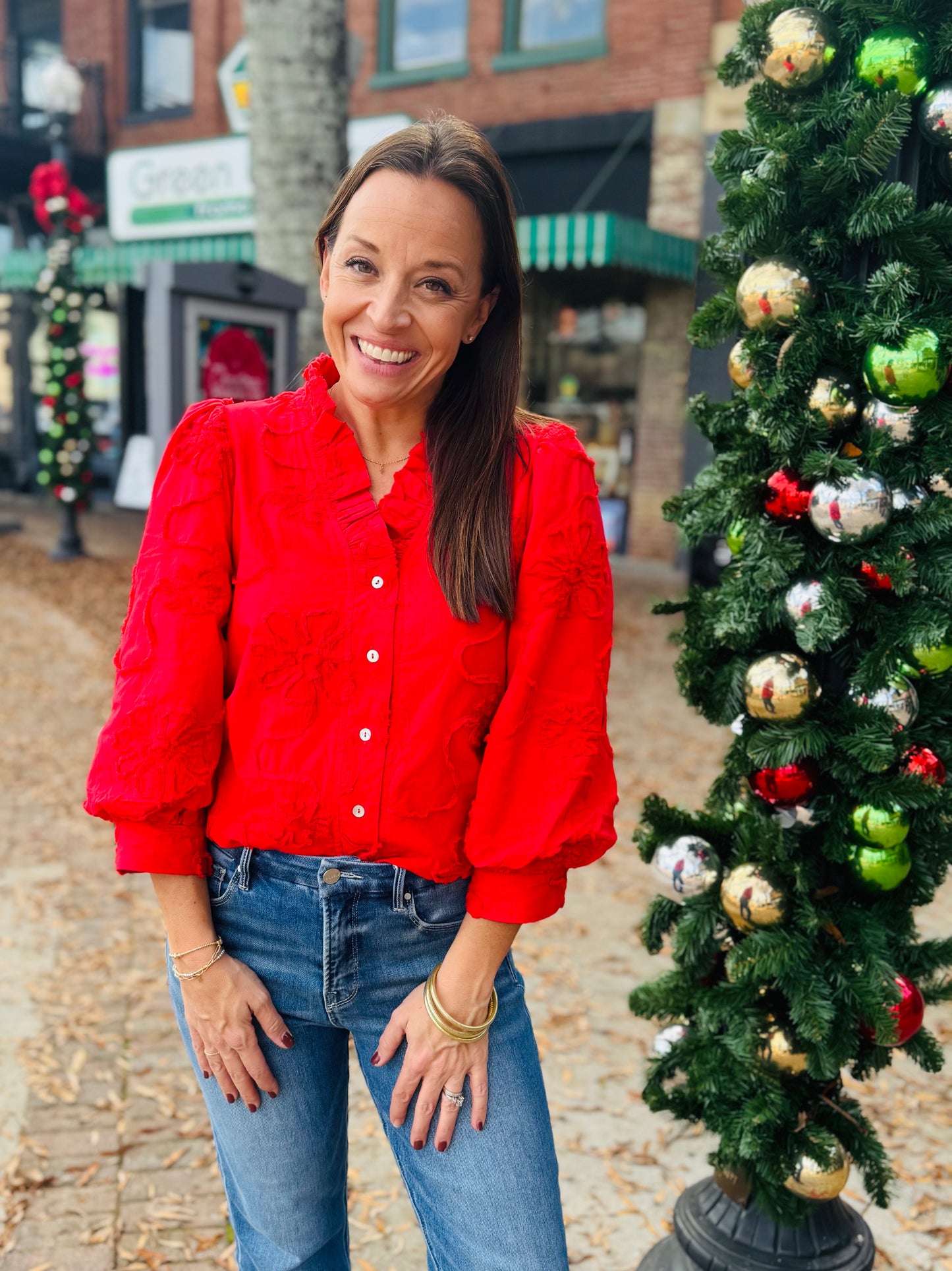 Red textured button up