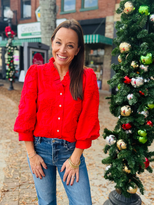Red textured button up