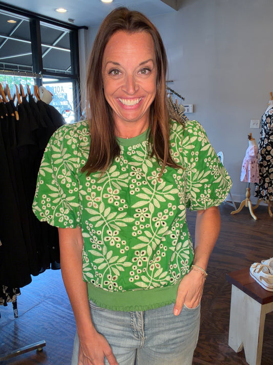 Green embroidered eyelet top