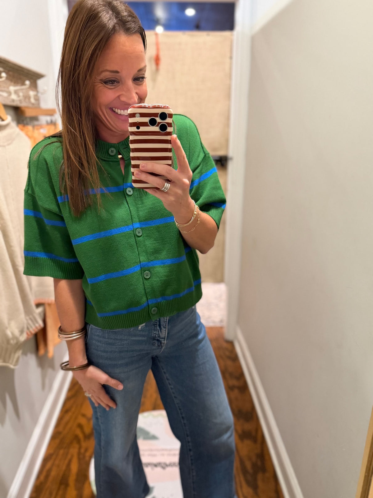 Green striped cardigan sweater