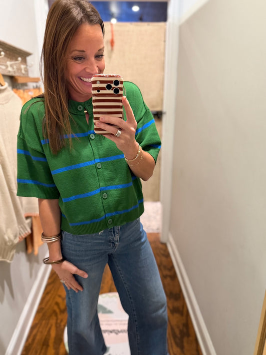 Green striped cardigan sweater