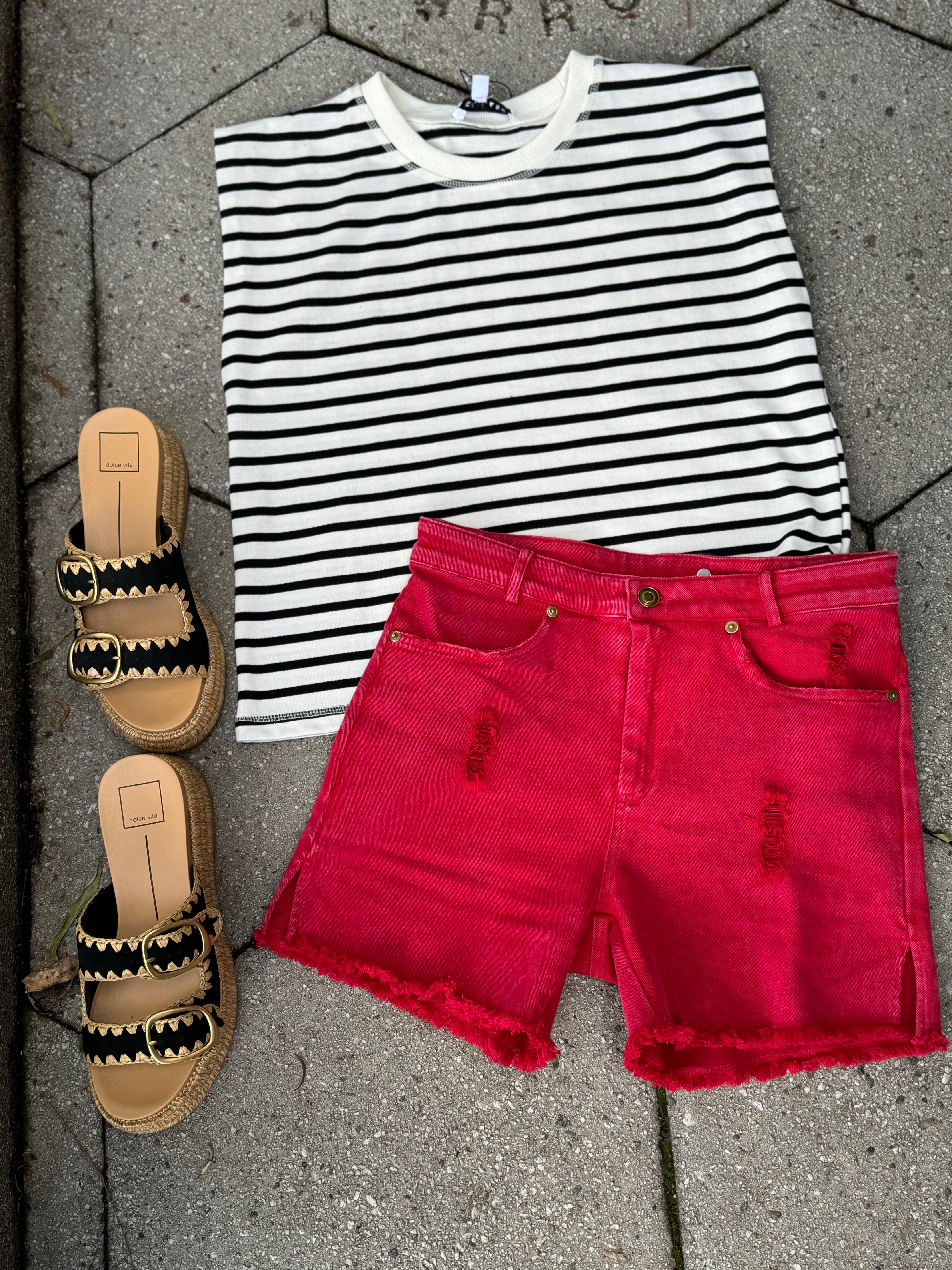 Red distressed denim shorts online