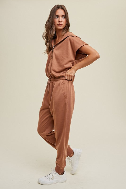 Hooded terry jumpsuit